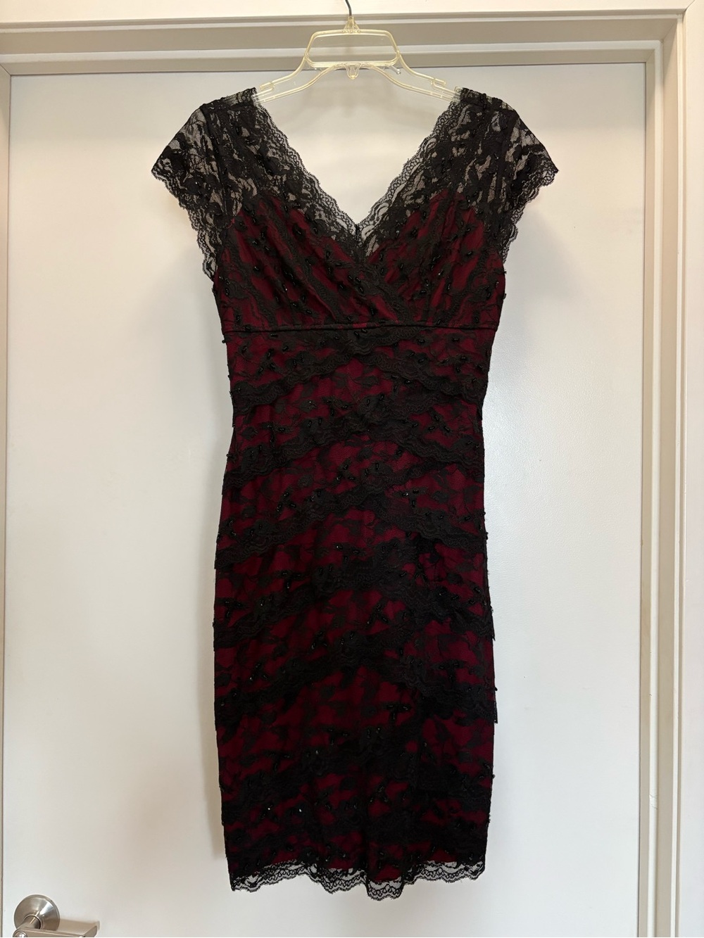 Marina Black Lace Overlay Dark Red Sheath Dress